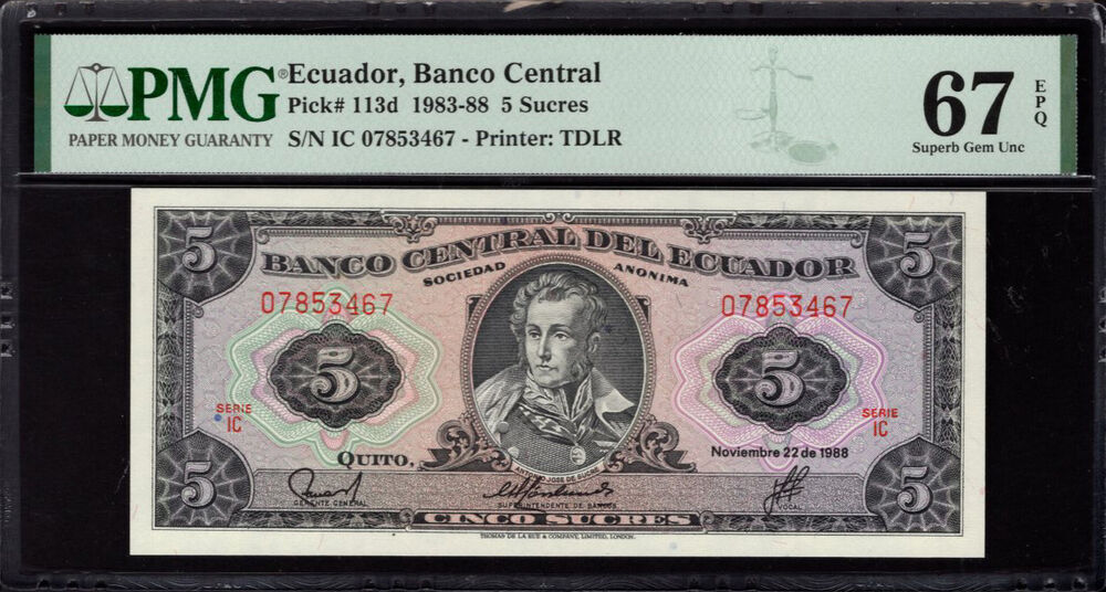 Ecuador - 5 Sucres 1983 - Pick # 113d - PMG 67 EPQ