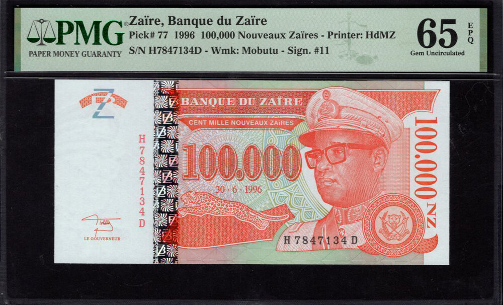 Zaire - 100.000 Nouveaux Zaïres 1996 - Pick # 77 - PMG 65 EPQ