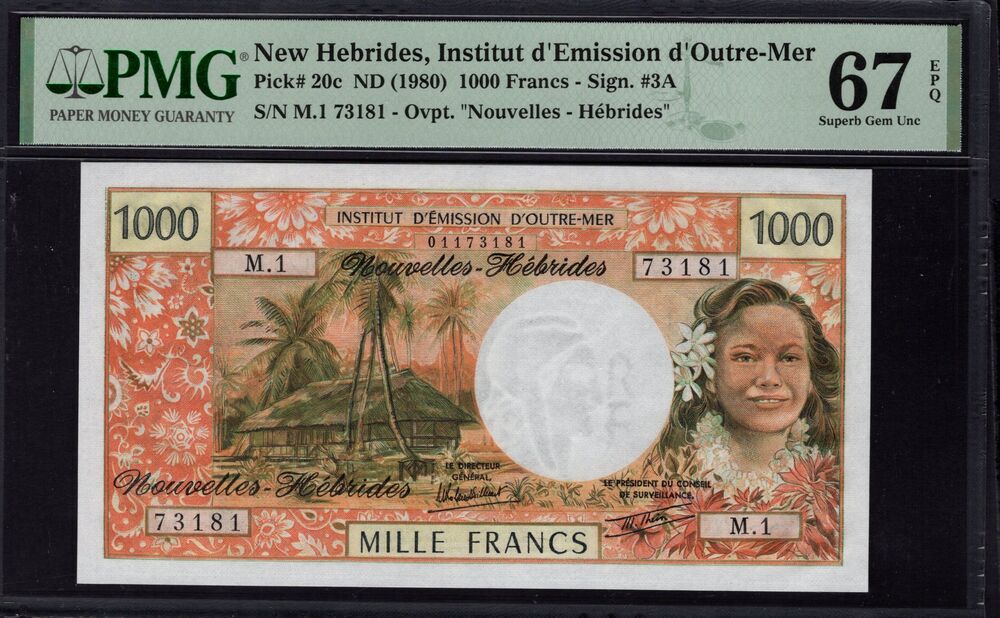 New Hebrides - 1000 Francs 1980 - Pick # 20c - PMG 67 EPQ