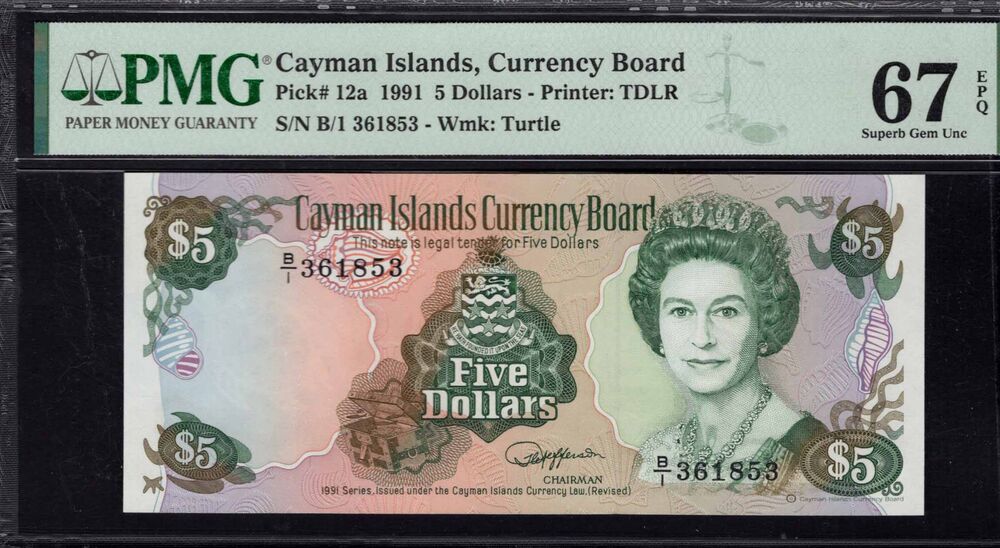Cayman Islands - 5 Dollars 1991 - Pick # 12a - PMG 67 EPQ
