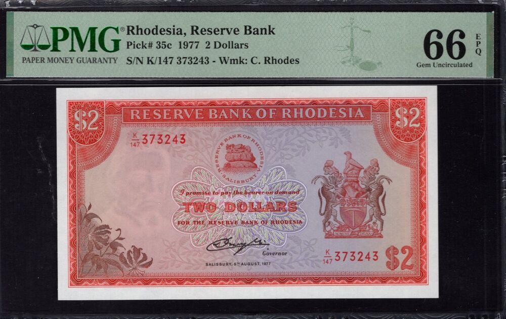 Rhodesia - 2 Dollars 1977 - Pick # 35c - PMG 66 EPQ
