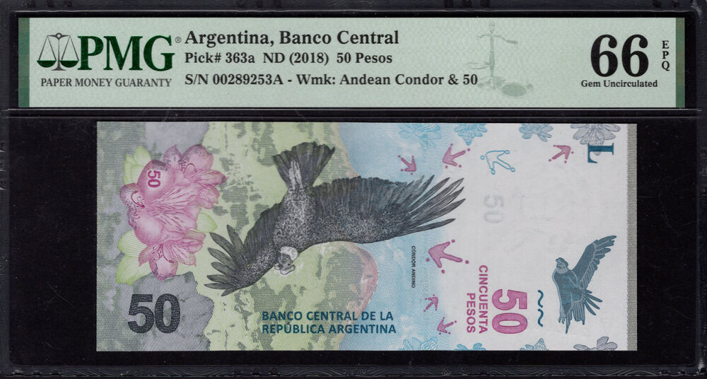 Argentina - 50 Pesos 2018 - Pick # 363a - PMG 66 EPQ