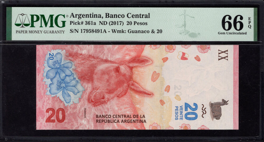 Argentina - 20 Pesos 2017 - Pick # 361a - PMG 66 EPQ