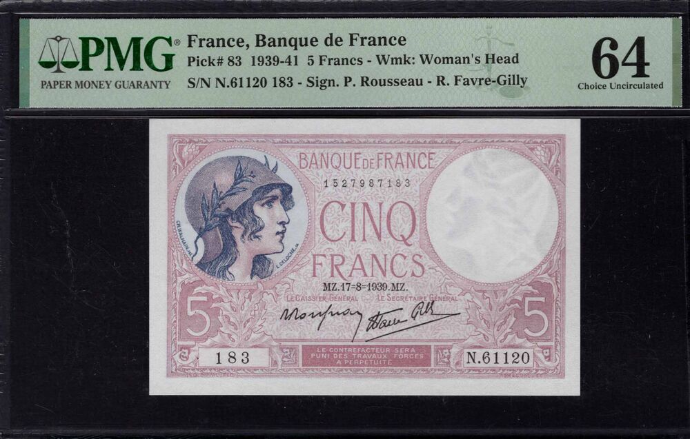France - 5 Francs 1939 - Pick # 83 - PMG 64