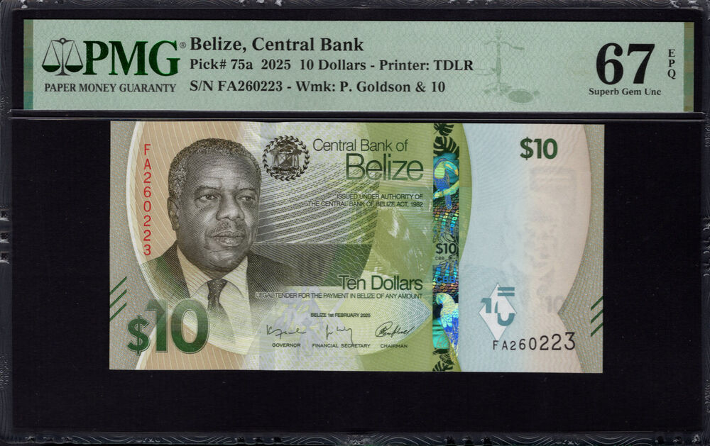 Belize - 10 Dollars 2025 - Pick # 75a - PMG 67 EPQ