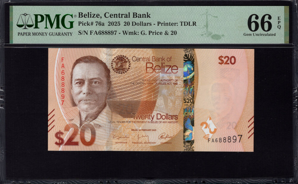 Belize - 20 Dollars 2025 - Pick # 76a - PMG 66 EPQ