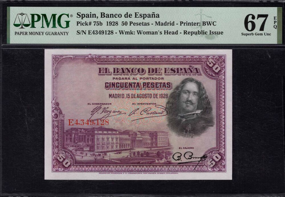 Spain - 50 Pesetas 1928 - Pick # 75b - PMG 67 EPQ