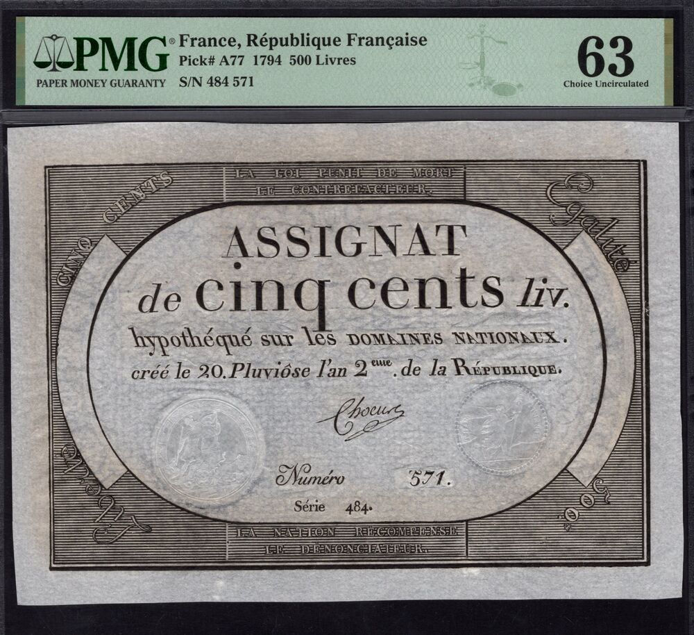 France - 500 Livres 1794 - Pick # A77 - PMG 63
