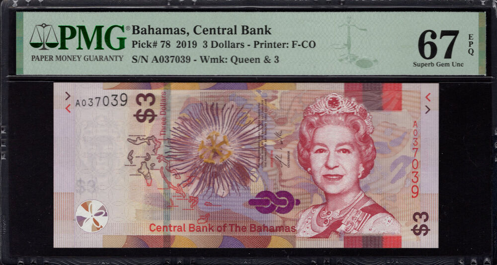 Bahamas - 3 Dollars 2019 - Pick # 78 - PMG 67 EPQ