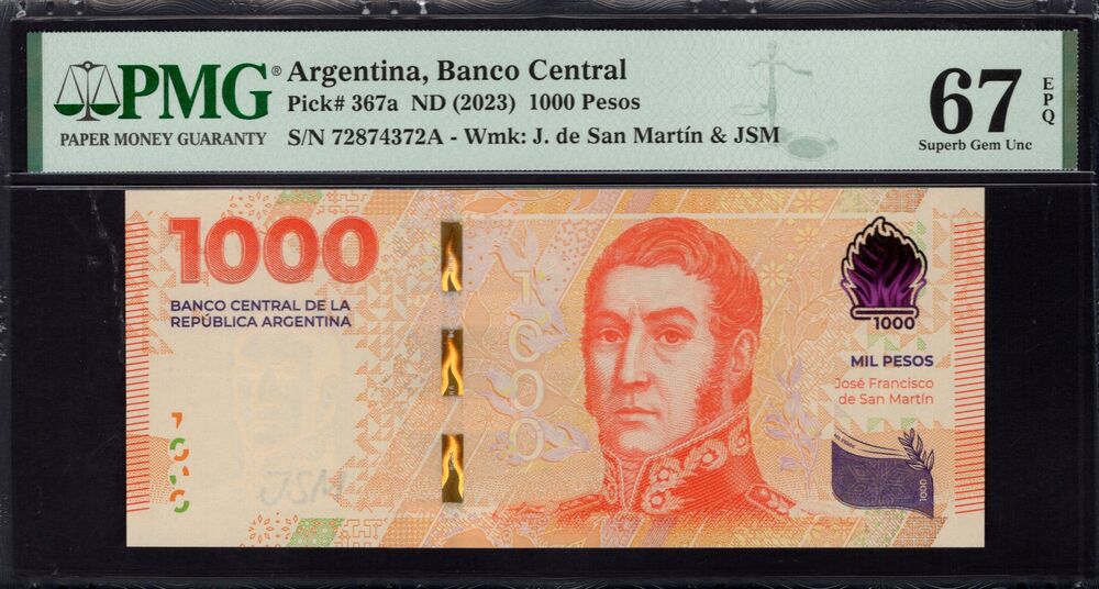 Argentina - 1000 Pesos 2023 - Pick # 367a - PMG 67 EPQ