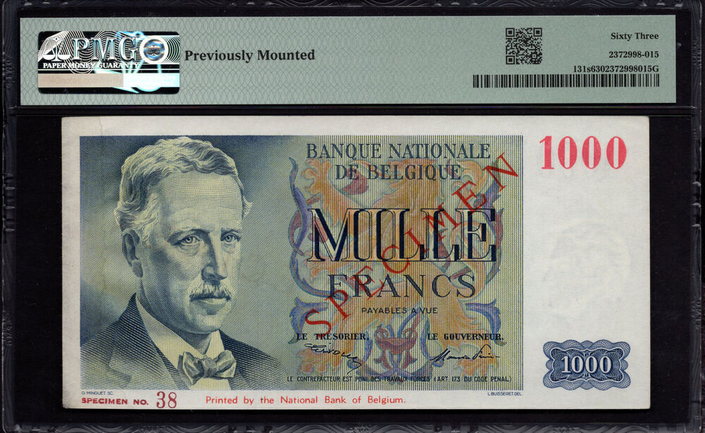 Belgium - 1000 Francs 1950 - Pick # 131s - PMG 63