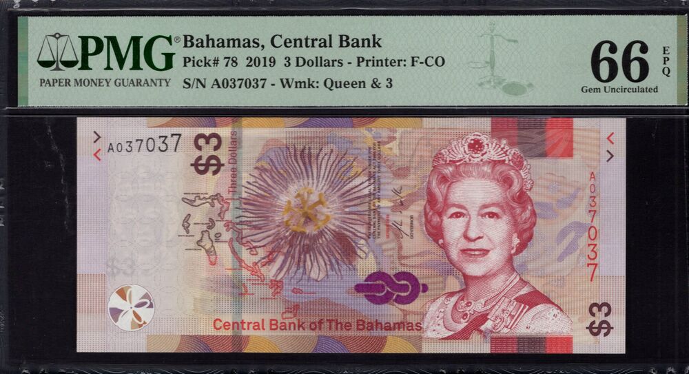Bahamas - 3 Dollars 2019 - Pick # 78 - PMG 66 EPQ