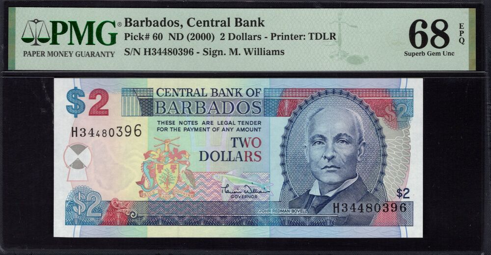 Barbados - 2 Dollars 2000 - Pick # 60 - PMG 68 EPQ