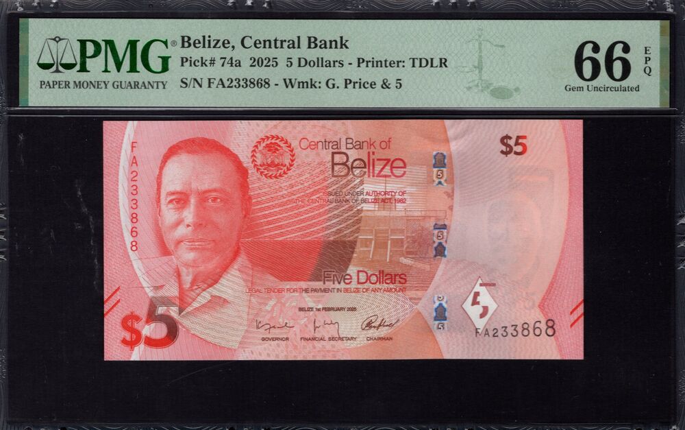 Belize - 5 Dollars 2025 - Pick # 74a - PMG 66 EPQ