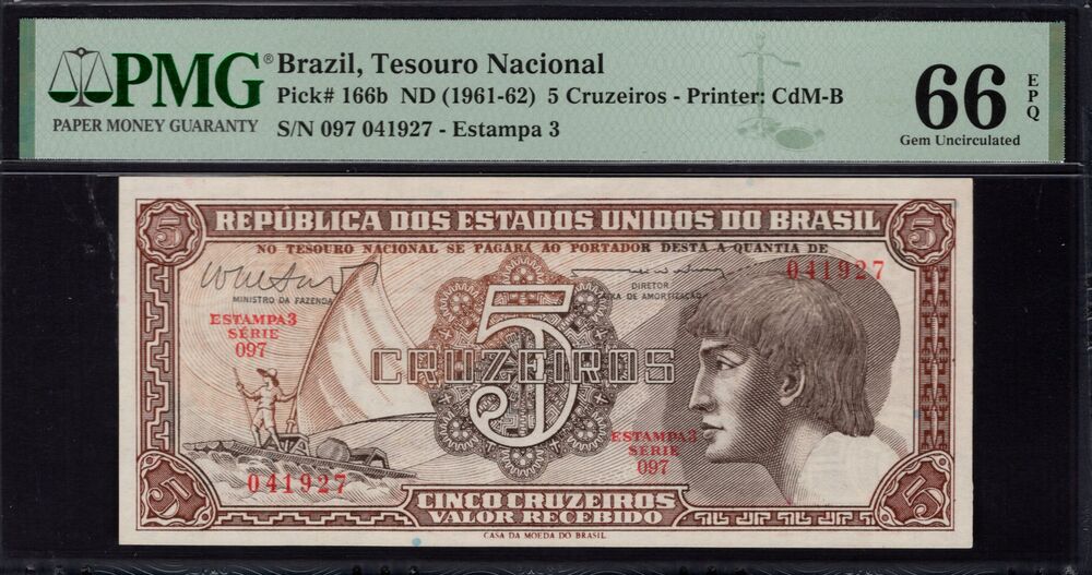 Brazil - 5 Cruzeiros 1961 - Pick # 166b - PMG 66 EPQ
