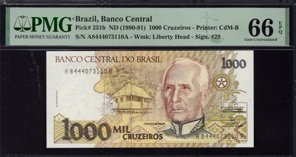 Brazil - 1000 Cruzeiros 1990 - Pick # 231b - PMG 66 EPQ