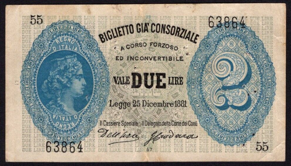 Italy - 2 Lire 1881 - Pick # 11 - VF (ph)