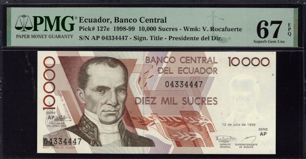 Ecuador - 10.000 Sucres 1998 - Pick # 127e - PMG 67 EPQ