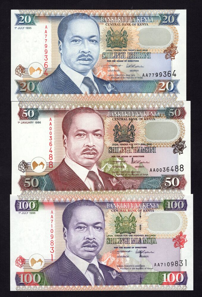 Kenya - 20, 50 & 100 Shillings 1995/96 - Pick # 32, 36, 37 - UNC