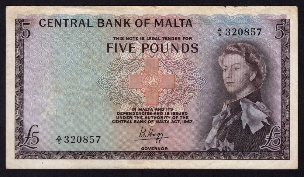 Malta - 5 Pounds L.1967 - Pick # 30 - F/VF