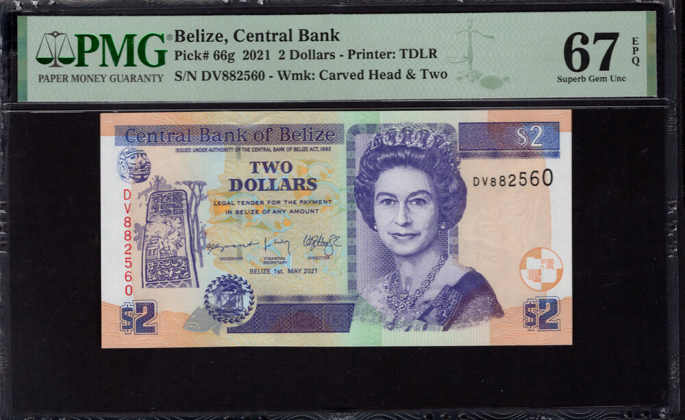 Belize - 2 Dollars 2021 - Pick # 66g - PMG 67 EPQ