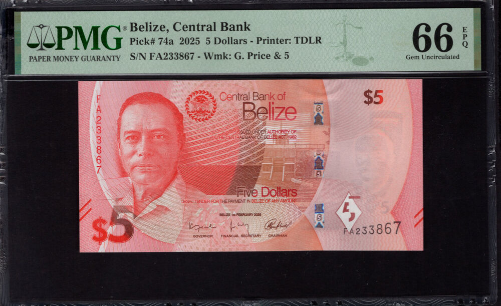 Belize - 5 Dollars 2025 - Pick # 74a - PMG 66 EPQ