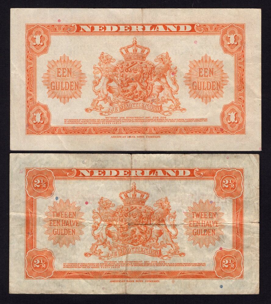 Netherlands - 1 & 2.50 Gulden 1943 - Pick # 64, 65 - VF
