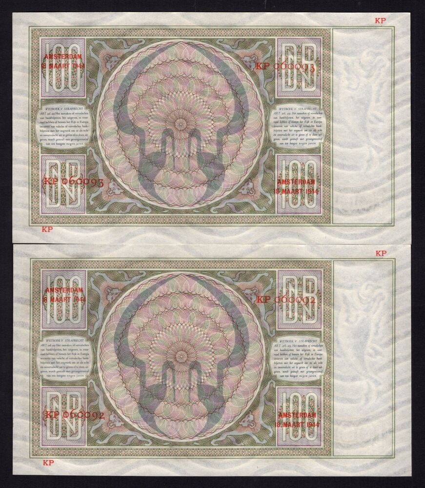 Netherlands - 2x 100 Gulden 1944 - Pick # 51c - Consecutive - UNC