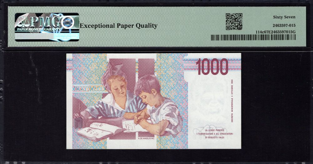 Italy - 1000 Lire 1990 - Pick # 114c - PMG 67 EPQ