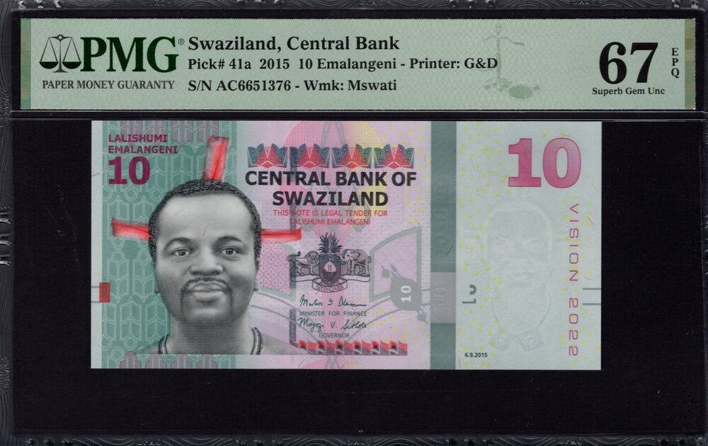 Swaziland - 10 Emalangeni 2015 - Pick # 41a - PMG 67 EPQ