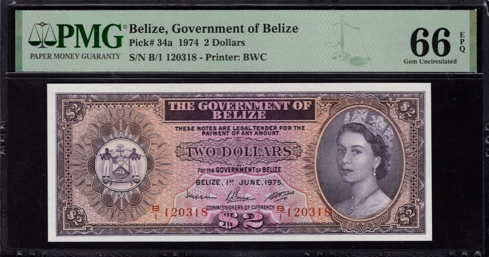 Belize - 2 Dollars 1974 - Pick # 34a - PMG 66 EPQ