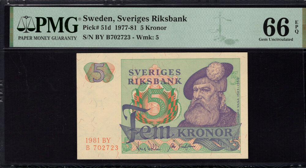 Sweden - 5 Kronor 1977 - Pick # 51d - PMG 66 EPQ