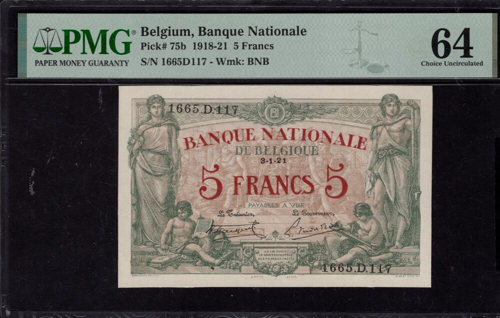 Belgium - 5 Francs 1918-21 - Pick # 75b - PMG 64 