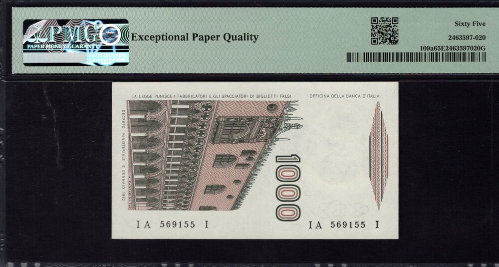 Italy - 1000 Lire 1982 - Pick # 109a - PMG 65 EPQ