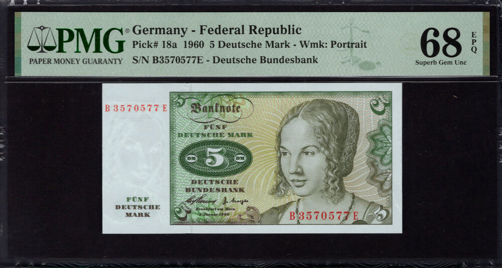 Germany - 5 Deutsche Mark 1960 - Pick # 18a - PMG 68 EPQ