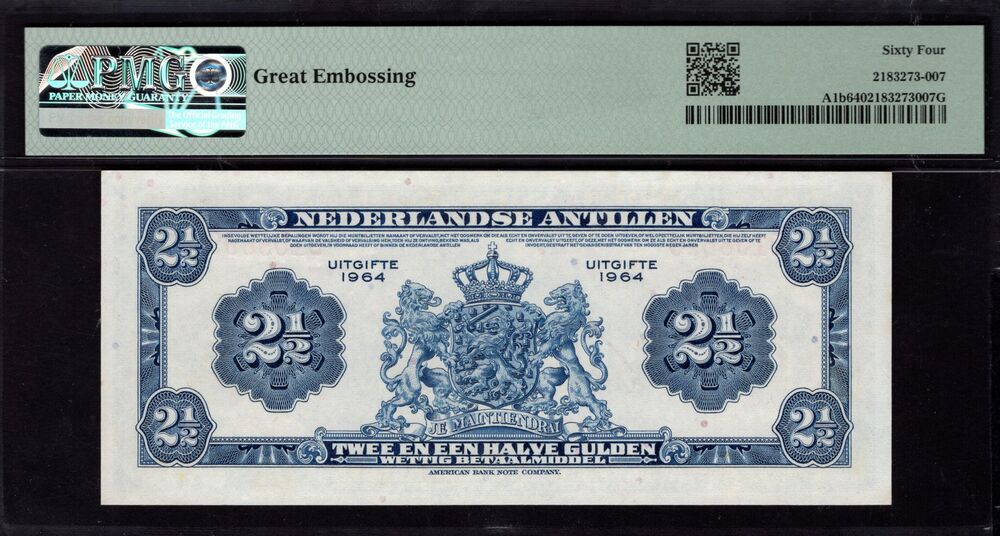 Netherlands Antilles - 2 1/2 Gulden 1964 - Pick # A1b - PMG 64