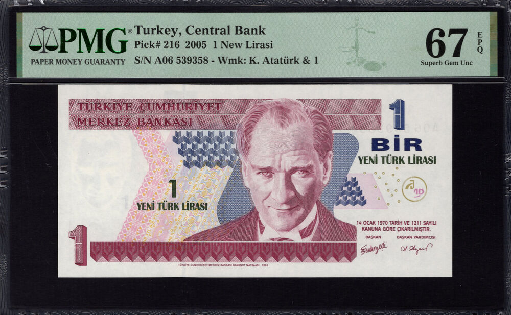 Turkey - 1 New Lira 2005 - Pick # 216 - PMG 67 EPQ