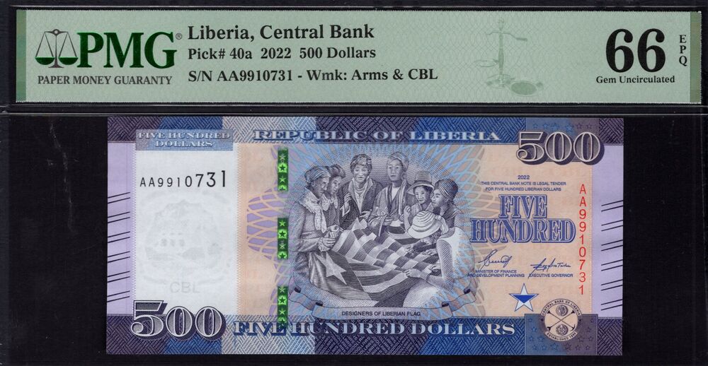 Liberia - 500 Dollars 2022 - Pick # 40a - PMG 66 EPQ