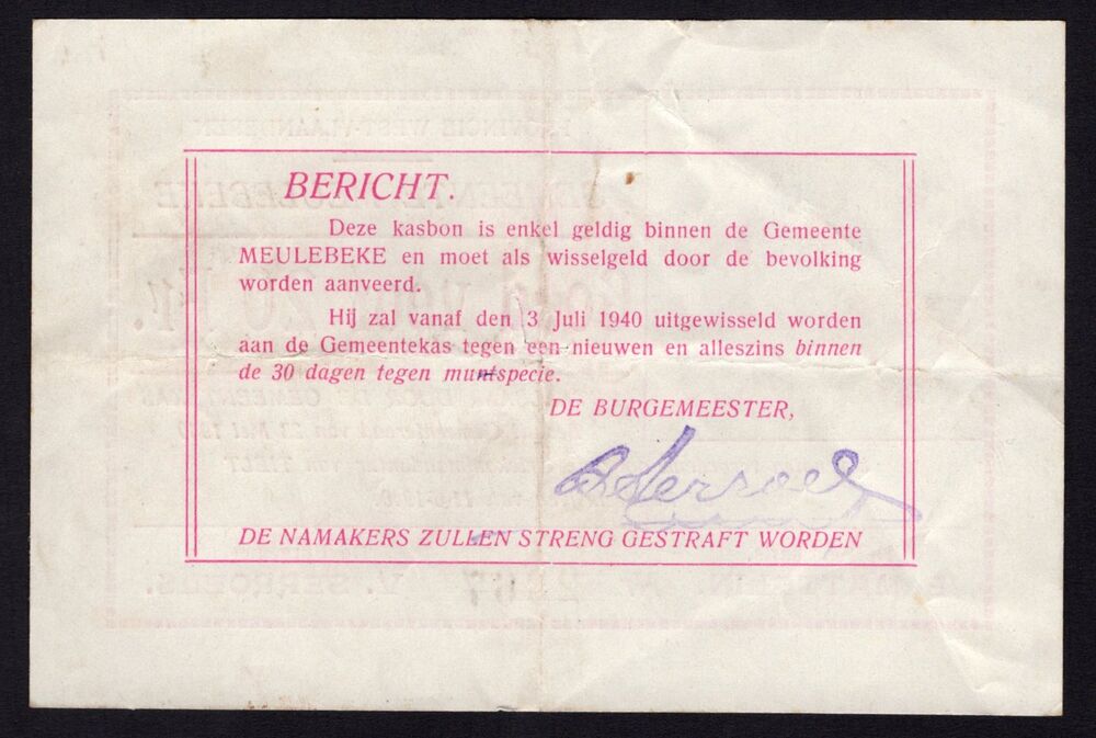 Belgium - Meulebeke, 20 Francs 1940 - Spindle hole cancellation - Pick # NL - VF