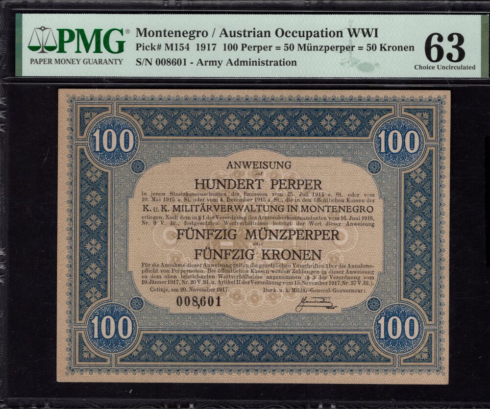 Montenegro - 100 Perper 1917 - Pick # M154 - PMG 63