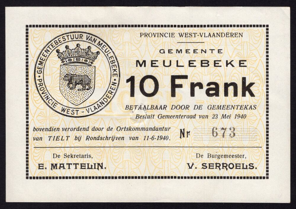 Belgium - Meulebeke, 10 Francs 1940 - Spindle hole cancellation -  Pick # NL - XF