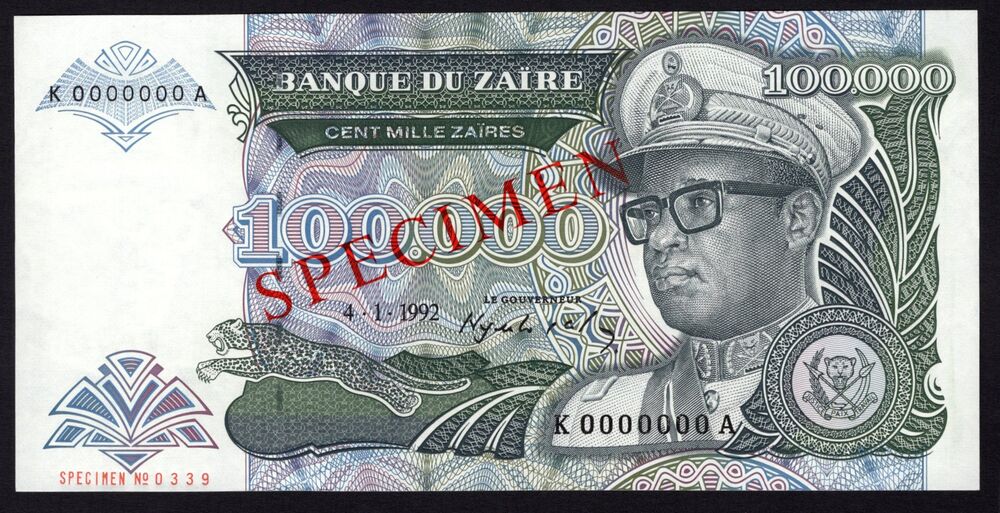Zaire - 100.000 Zaires 1992 - Pick # 41 - Specimen - UNC