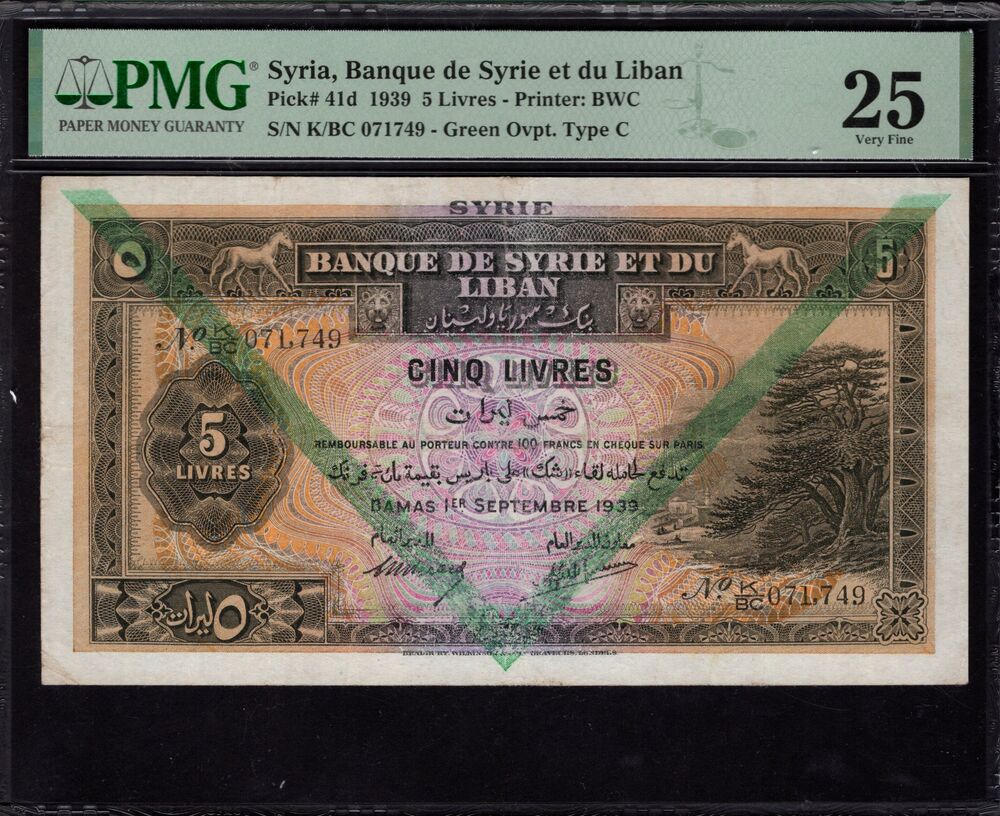 Syria - 5 Livres 1939 - Pick # 41d - PMG 25