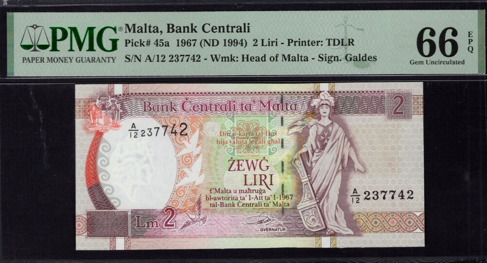 Malta - 2 Liri 1967 - Pick # 45a - PMG 66 EPQ