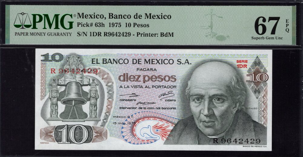Mexico - 10 Pesos 1975 - Pick # 63h - PMG 67 EPQ