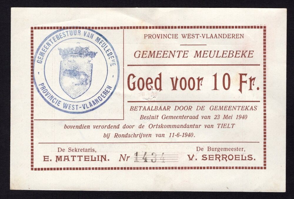 Belgium - Meulebeke, 10 Francs 1940 - Spindle hole cancellation - Pick # NL - XF