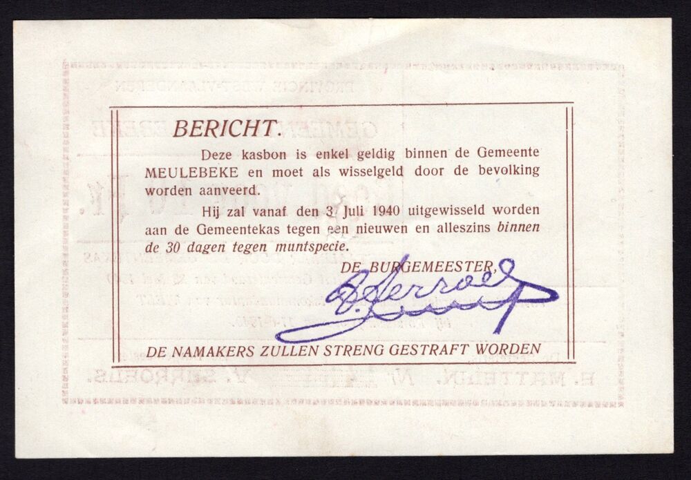 Belgium - Meulebeke, 10 Francs 1940 - Spindle hole cancellation - Pick # NL - XF