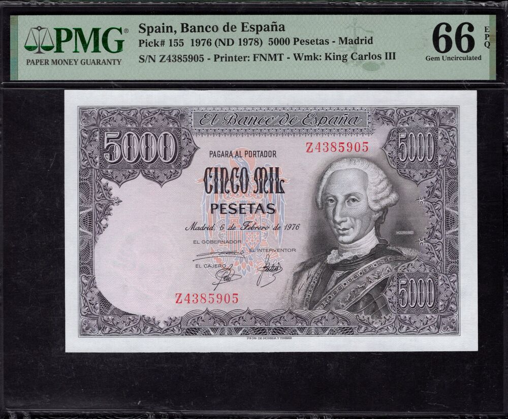 Spain - 5.000 Pesetas 1976 - Pick # 155 - PMG 66 EPQ