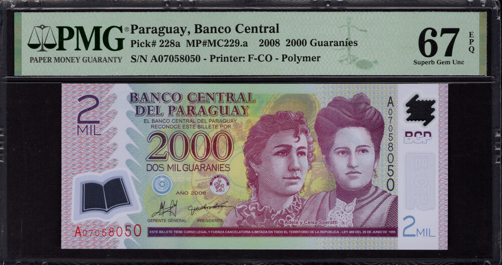 Paraguay - 2.000 Guaranies 2008 - Pick # 228a - PMG 67 EPQ