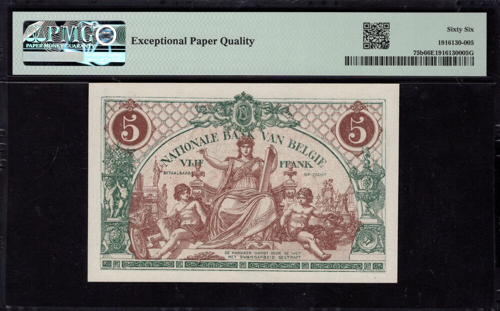 Belgium - 5 Francs 1918-21 - Pick # 75b - PMG 66 EPQ